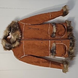 Faux Tan Suede & Sheepskin Coat Womens Sz S Fur Edged Warm Afghan Pennylane EUC